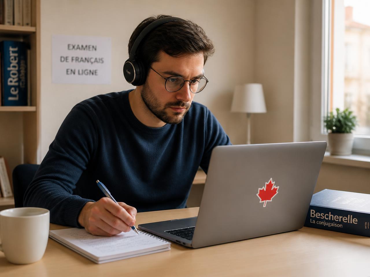Candidat passant une simulation du TCF Canada sur ordinateur avec casque audio